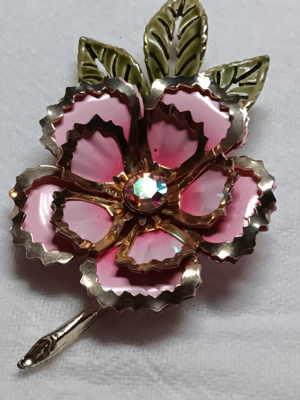 Vintage Sarah Coventry “Pop Pink” Enamel Flower Brooch – 1960s AB Crystal